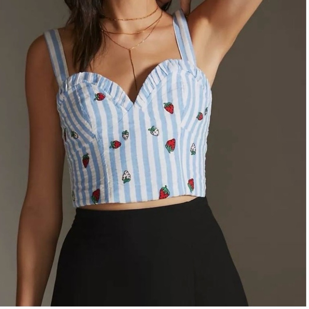 Anthropologie Maeve Blue and White Striped Crop Top with Strawberry Design